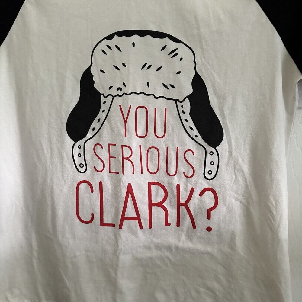 You Serious Clark? Christmas Shirt 3/4 Sleeve Raglan Graphic Tee Holiday Party L - Picture 3 of 8